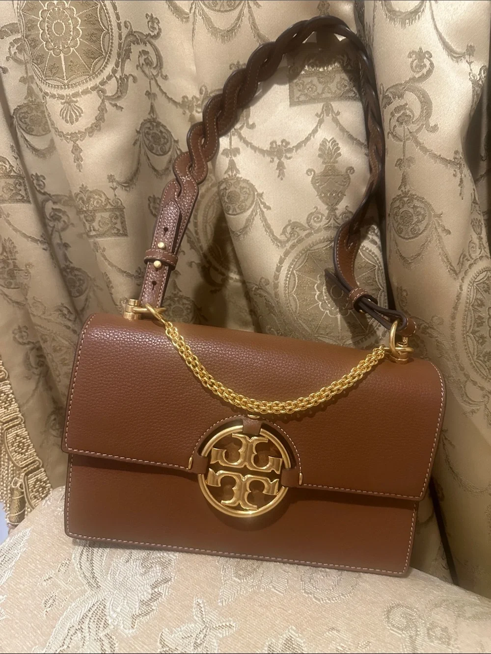 Tory Burch Brown Leather Shoulder Bag with Gold Chain Emblem